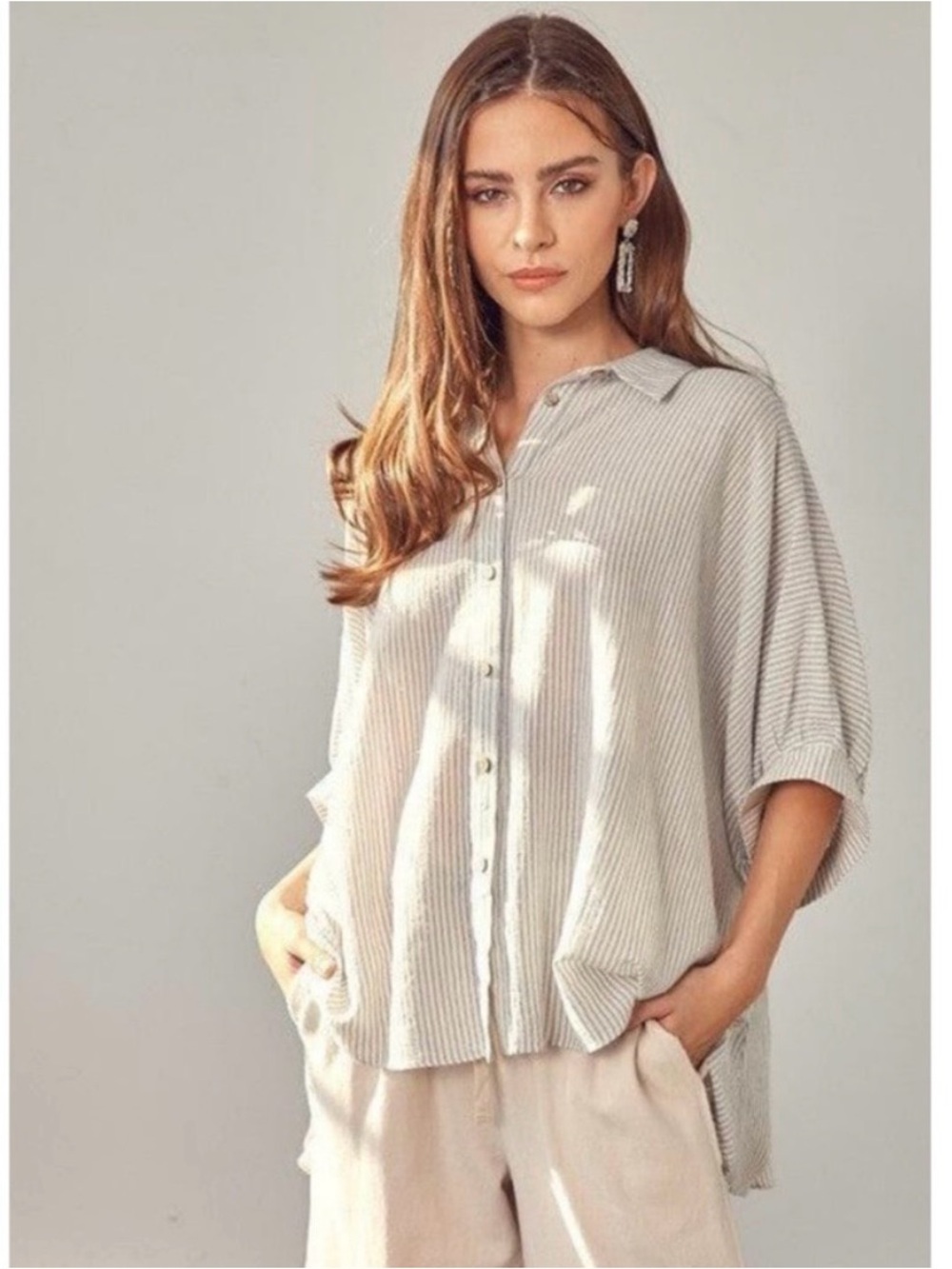 Mustard Seed Light Blue and White Striped Button-Down Shirt